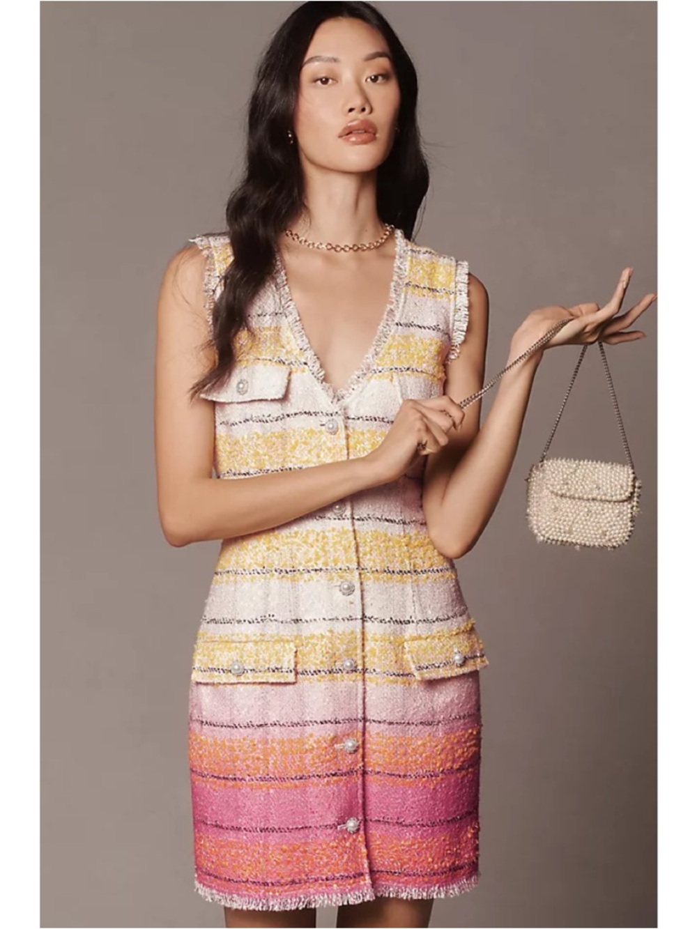 Maeve | Sleeveless Gradient Tweed Shift Mini Dress in 🧈 Yellow & Pink ~ US 0